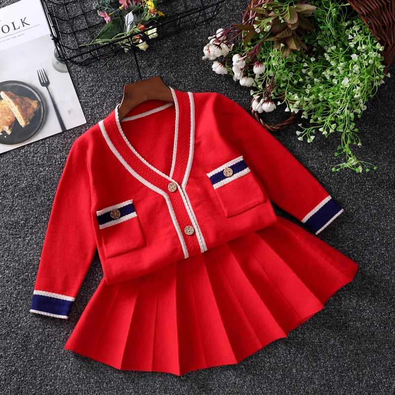 

New Arrival Girls Fashion Knitted Clothes Set Spring Fall Children's Wear Baby Kids Knit Cardigan + Pleated Skirt 2 Pcs Suit P41