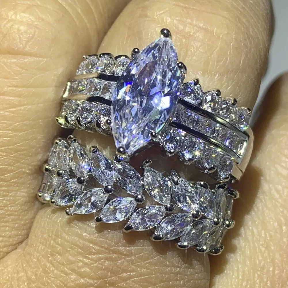 90% Off Super Deal Stunning Luxury Jewelry 925 Sterling Silver Marquise 5A CZ Zirconia Drop Shipping Wedding Bridal Ring Set