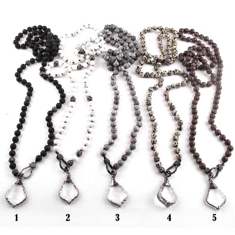 Fashion  8mm long knotted Natural Stone Black Gun Zircon Pave lobster clasp Crystal Pendant Necklace For Women Jewelry