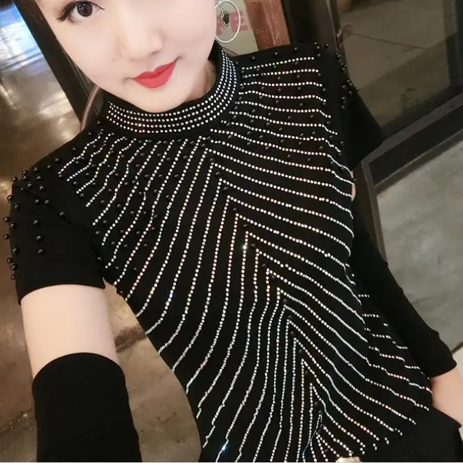 

2021 spring fashion short-sleeve bottoming t-shirt beaded diamonds women stand collar top tees