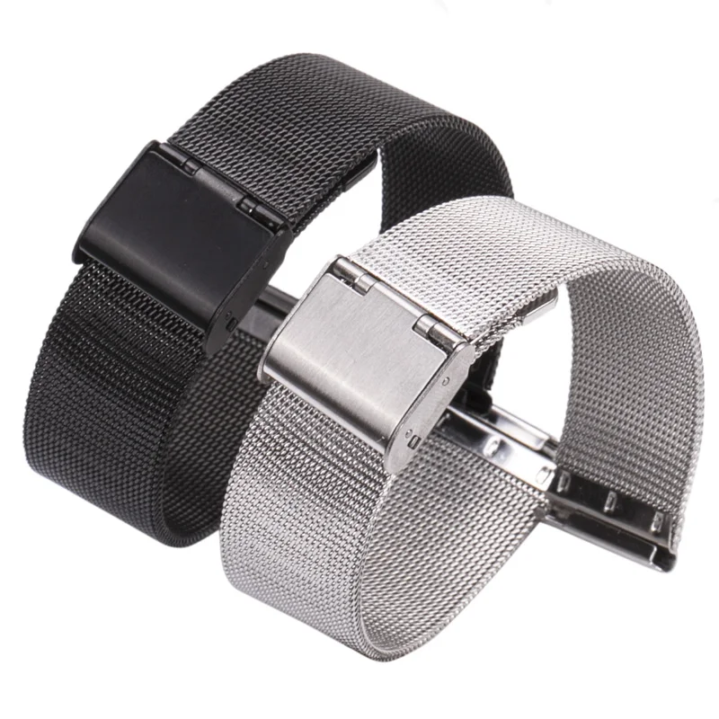 16 18 20 22 24mm Watch Band Strap Stainless Steel Women Watchbands Silver Black Metal Bracelet Double Clasp Accessories