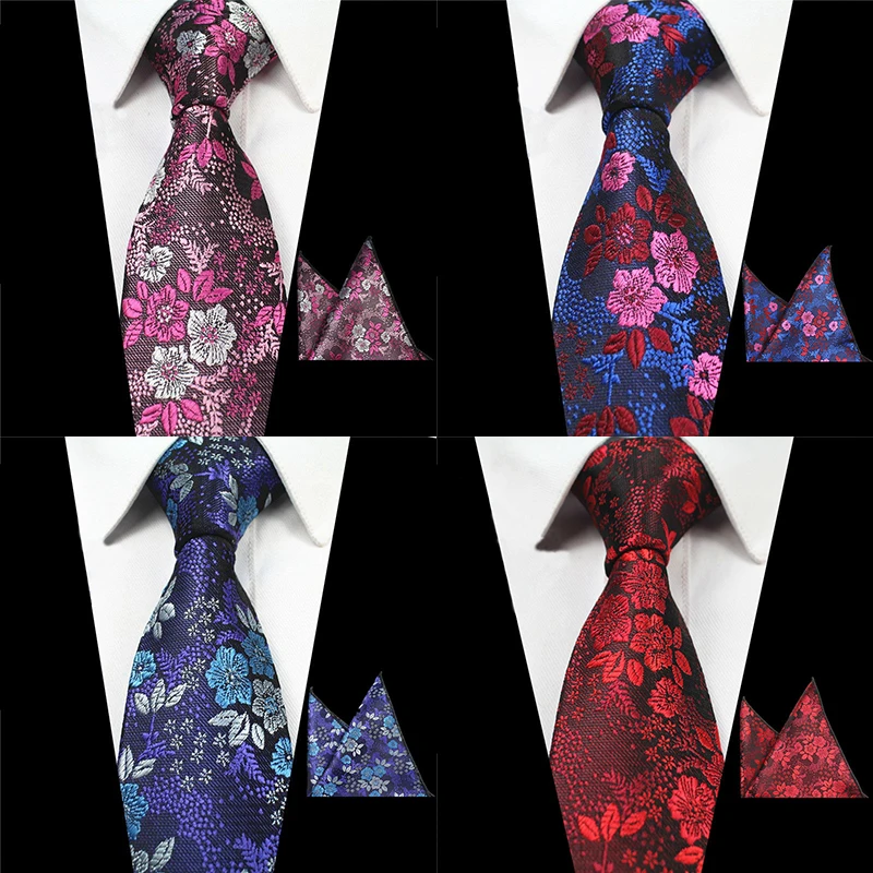 

RBOCOTT 2PCS Floral Ties And Hanky Sets Silk Jacquard Woven Ties for Men Wedding Party Tie Set Men's Neck Ties 7cm Corbatas