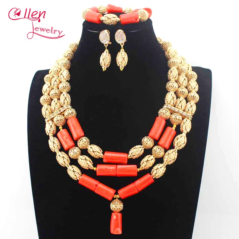 

New Orange Coral Pendant Necklace Set nigerian Wedding African Coral beads Jewelry Set Bridesmaid Necklace Free Shipping E1135