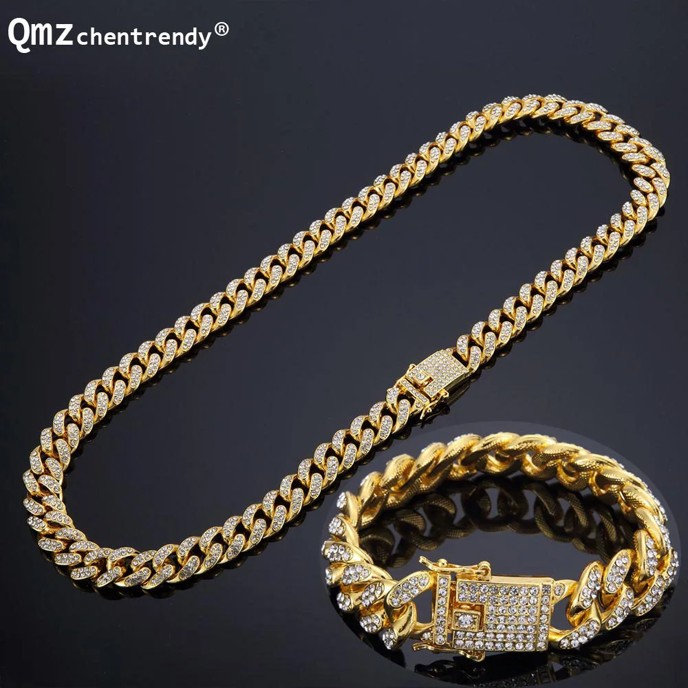 

Hip hop Full Bling CZ Cubic Zirconia Jewelry Sets Gold Silver Color Miami Cuban Chain Link Necklaces Bracelets Box Clasp Jewelry