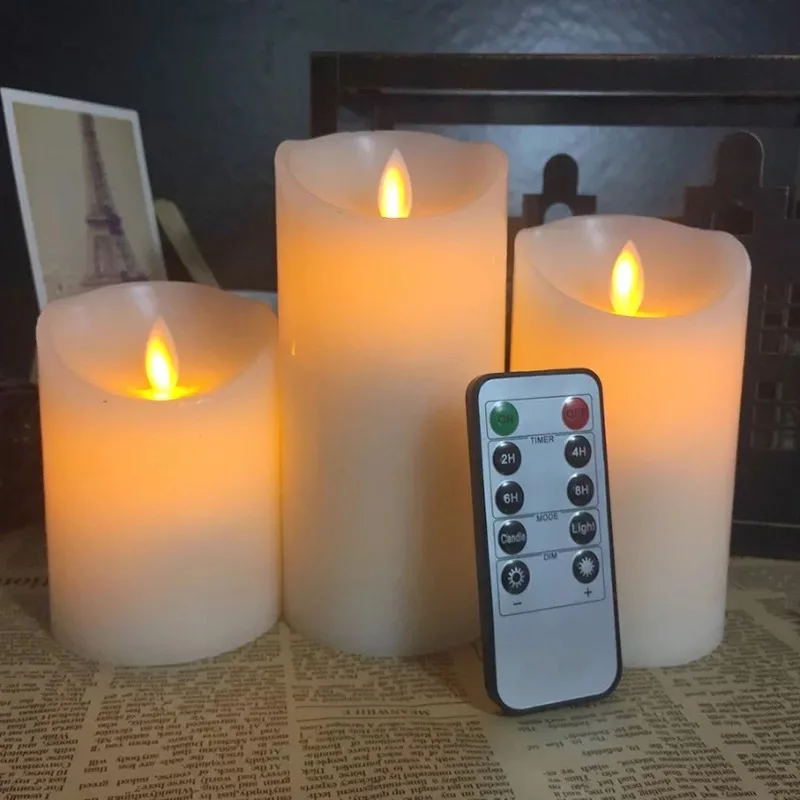 

Set of 3 Flickering Flameless Pillar LED Candle Lights Remote control w/Timer moving wick melted edge Wedding Xmas Party-Amber