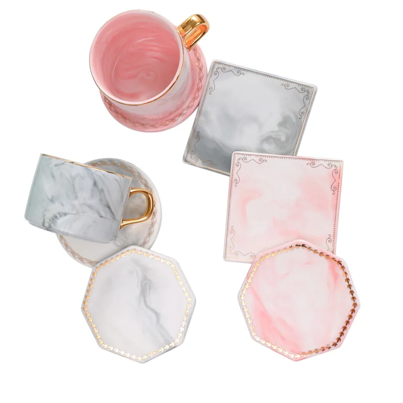 CFen A's Golden Edge Marble Coasters Square Ceramics Coaster Tea Cup Pad Round Table Mat Coaster Coffee Tea Cup Place Mats 1pc