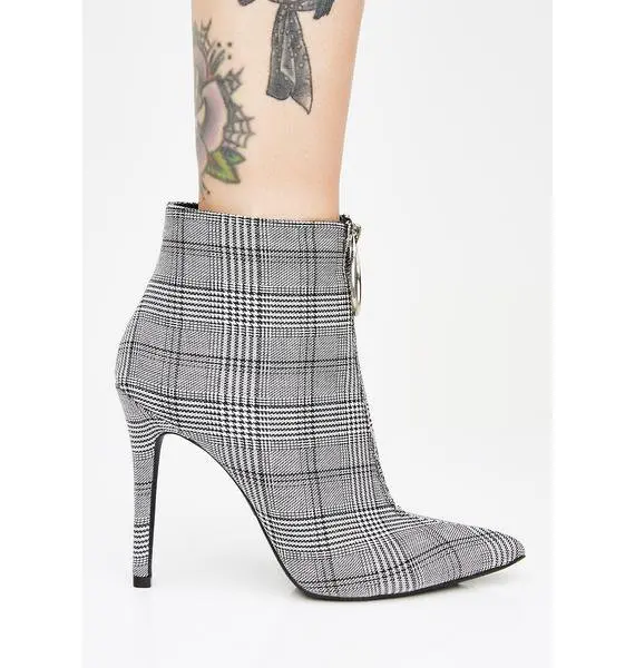 

Sestito Women Fashion Grey Gingham Stiletto Heels Ankle Boots Ladies Autumn Pointed Toe Short Boots Girls Front Zip Shoes