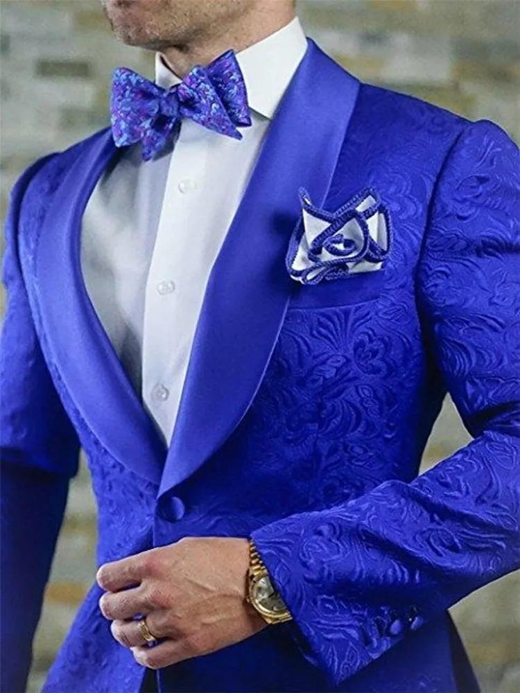 Recién llegado, trajes florales de color azul real para hombre para boda, últimos diseños, esmoquin para novio, traje con solapa chal, chaqueta para