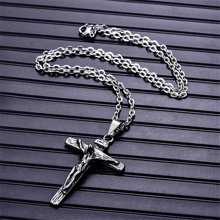 Men Chain Christian Jewelry Gifts Vintage Cross INRI Crucifix Jesus Piece Pendant & Necklace Gold Color Stainless Steel