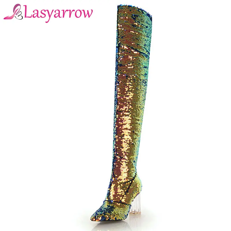 Lasyarrow Autumn Winter High Heels Sexy Over The Knee Boots Gold Silver Knight Boots Glitter Bling Bling Women Nightclub Boots