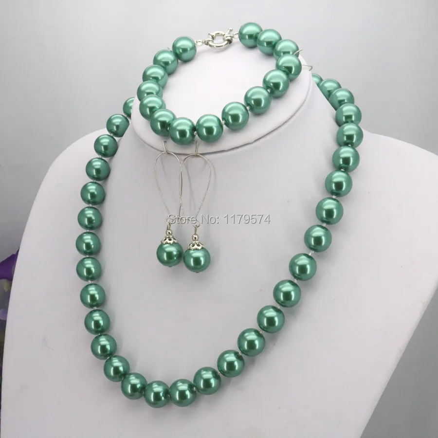 New Arrival Christmas Gifts Girls 12mm Green Round Shell Pearl Beads Necklace Bracelet Earrings Sets Jewelry Making Design Women