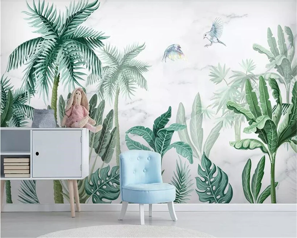 

beibehang Custom size large hand drawn tropical rainforest plant flowers and birds animal forest background wall wallpaper