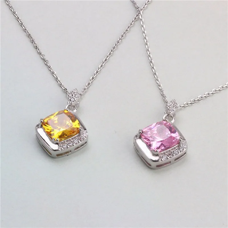CC Necklaces Pendants For Women Sterling Zirconia Square Pink/Yellow Stone Fashion Jewelry No Chain CCN257