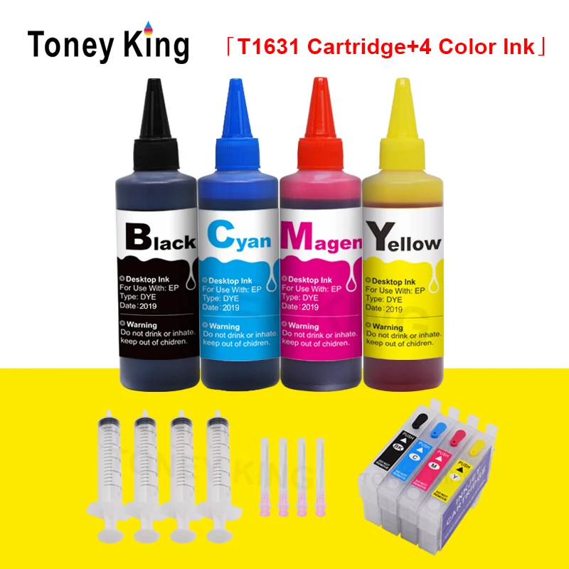 T16 16XL T1631 Refill Ink Cartridge For Epson WorkForce WF-2010W WF-2660 WF-2750 WF-2760 Printer + 4 Color 100ml Bottle Dye Ink