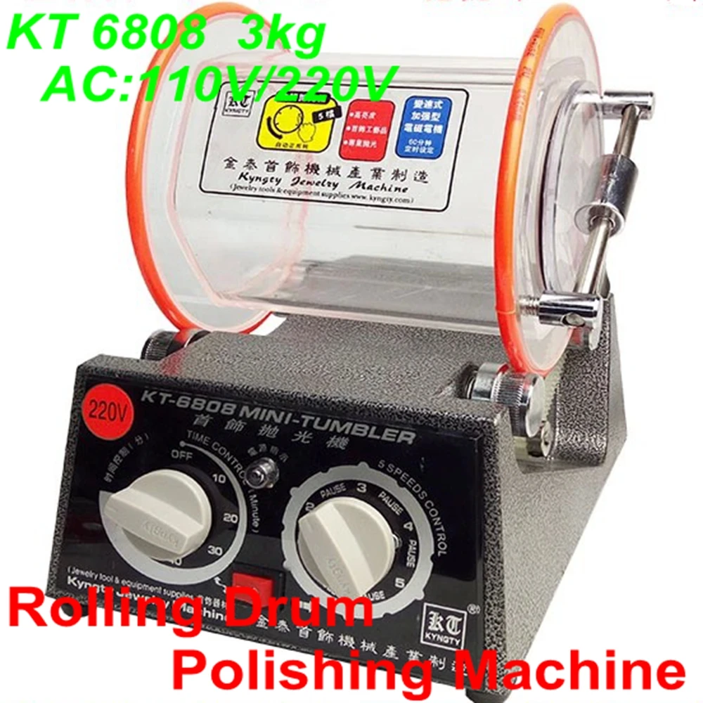 3KGS Rolling Drum Polishing Machine KT-6808 Jewelry Polisher Tumbler AC 110V/220V Bead Cleaner Glass Barrel Rotary Tumbling Tool