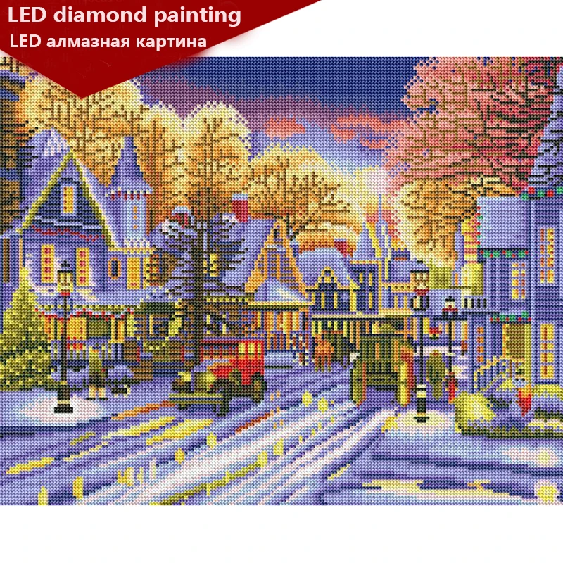 

LED Light Full Round Drill 5D DIY Diamond Painting "Winter street" 3D Embroidery Cross Stitch Mosaic Decor Gift 40x50cm