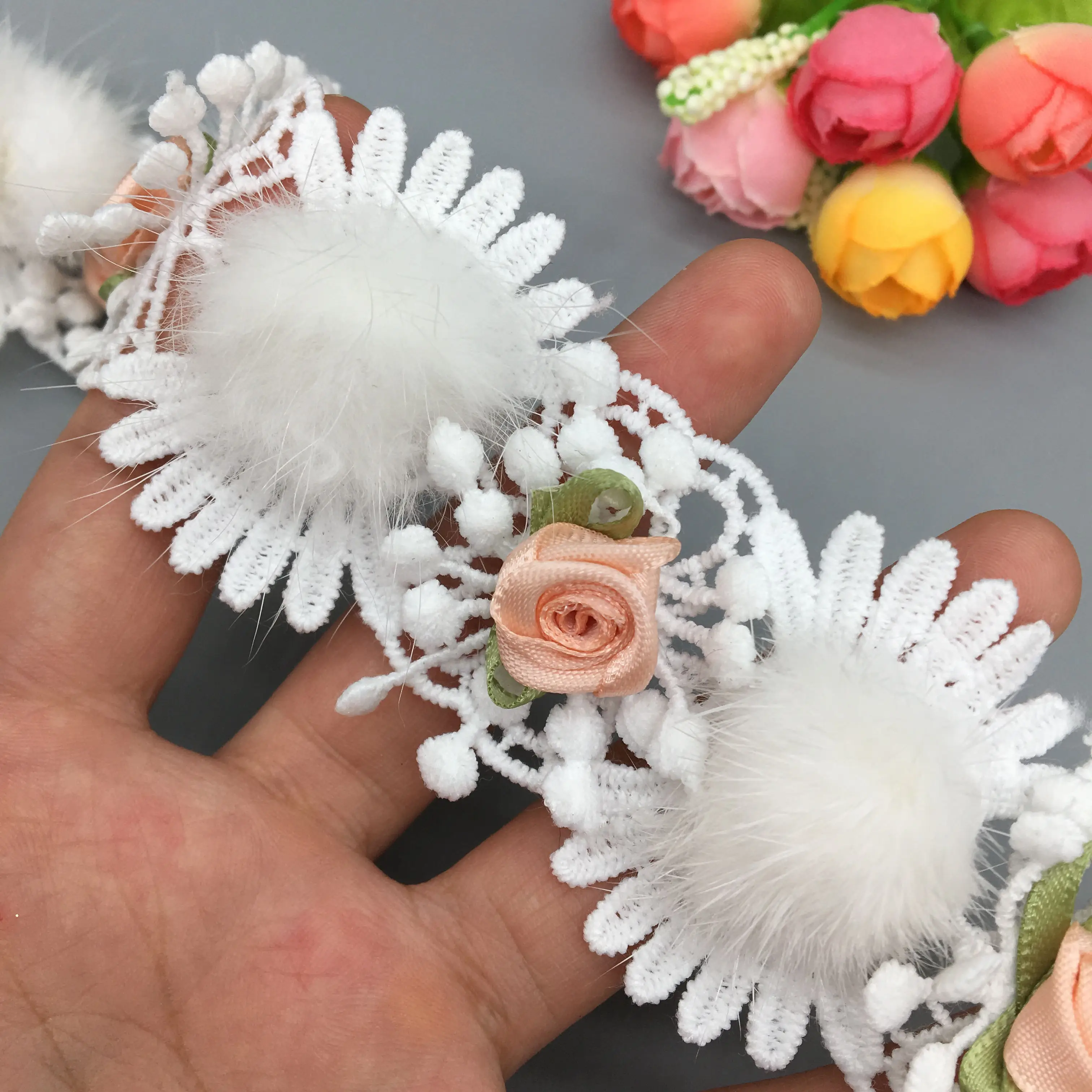 10 Stücke Afrikanische Spitze Stoff Pompom Blume Baumwolle Bestickt Spitzenbesatz Band Stoff Braut Hochzeitskleid DIY Nähen Handwerk 2019