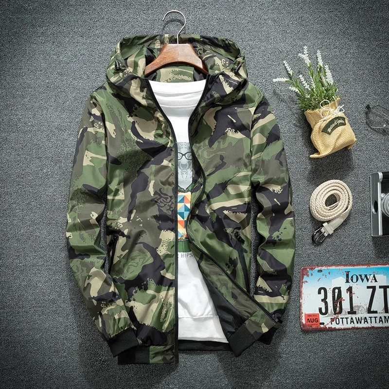 Men Camouflage Jacket Coat Spring Autumn Fashion Hooded Windbreaker Jacket Casual Wear Streetwear Outerwear Male Clothes 4XL