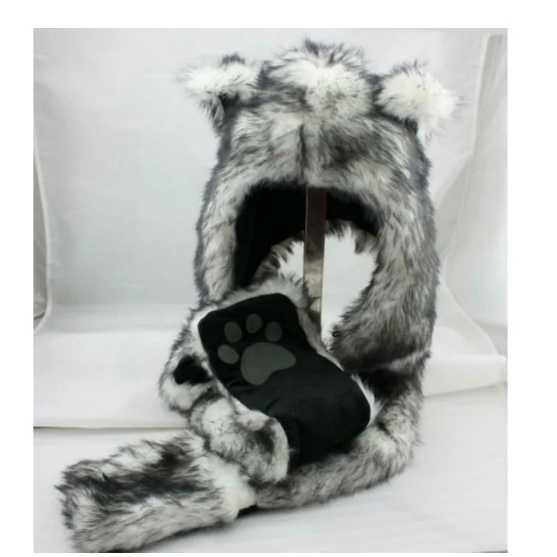 الشتاء القبعات للنساء مع آذان Grils الأبيض الذئب أنيمي فو الحيوان هود القلنسوات قفازات قفازات وشاح روح الكفوف آذان دافئة