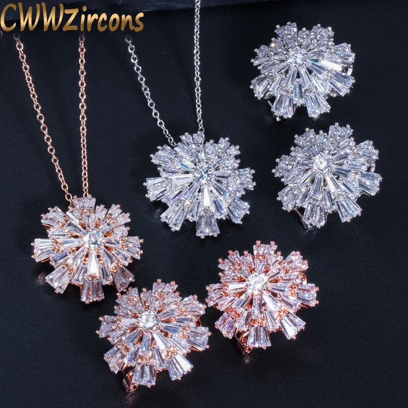 

CWWZircons Famous Brand Designer Jewelry Silver Color Austrian Crystal Flower Pendant Necklace and Earrings Sets for Women T182