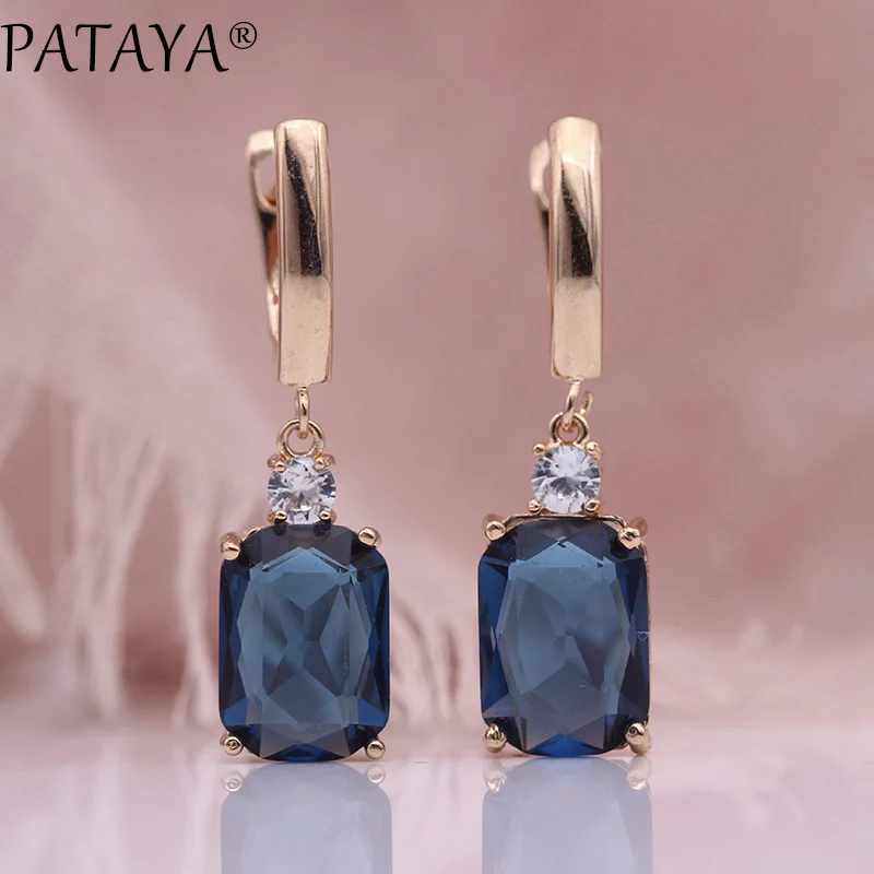 PATAYA New Square Dark Blue Long Earrings Women Wedding Jewelry 585 Rose Gold Color Multicolor Natural Zircon Dangle Earrings