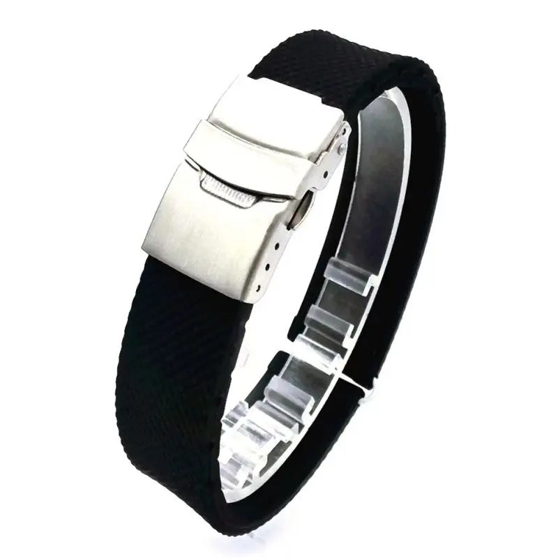 20 22 24mm Silicone Rubber Stainless Steel Double Click Folding Clasp Watch Band Strap Straight End Bracelet Black Watchband