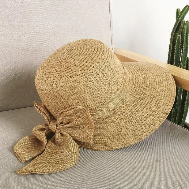 Lady New Bowknot Straw Hat Adult Summer Sunscreen Leisure Cap Wide Brim Students Fresh Raffia Shading Sun Cap Foldable