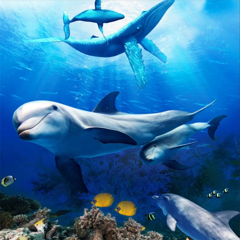 wellyu Sea bottom World Dolphin mother and son love deep 3D stereoscopic bathroom floor customizing large mural film