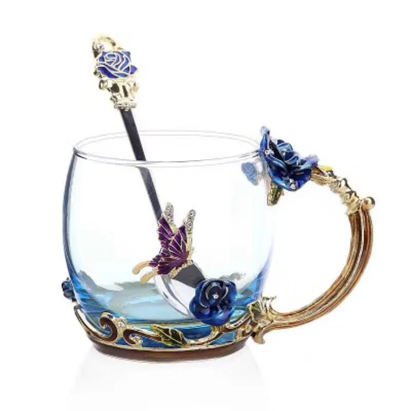 

Blue Rose Enamel Color Crystal Glass Tea Cup High-grade Butterfly Flower Glass Coffee Mugs perfect Lovers Gift Souvenir F2
