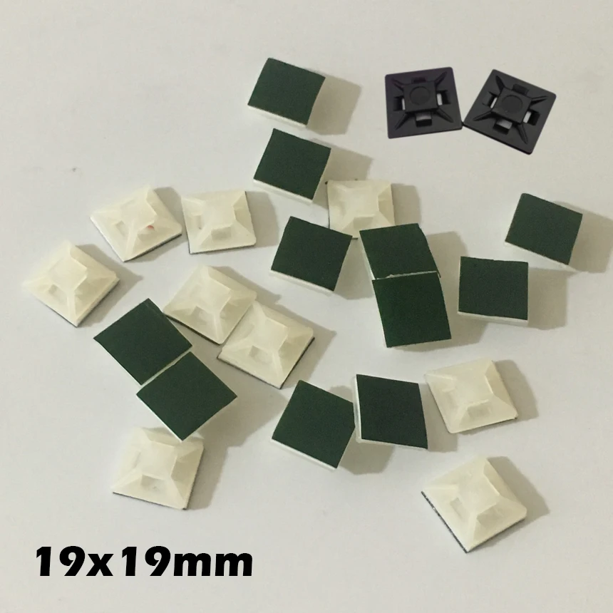 100pcs 19x19mm 19*19 White Black Nylong Square Plastic Green Self Adhesive Wire Zip Fixed Seat Holder Cable Tie Mount Base