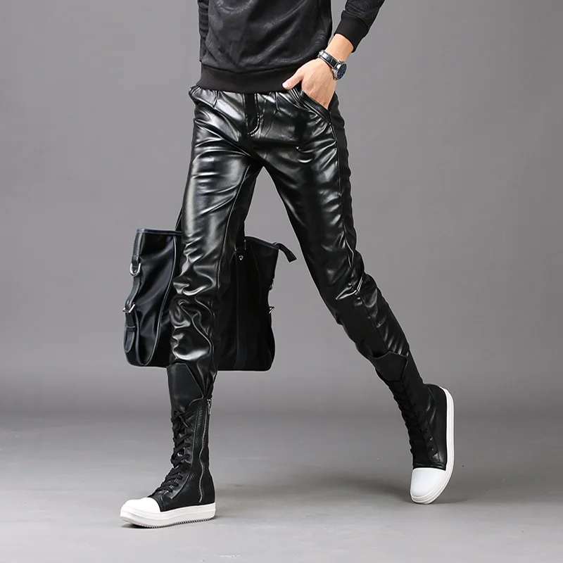 2021 New Fashion Autumn Winter Men Skinny Leather Pants Faux Black Joggers Pants Male Motorcycle Trousers For Men Szie 28-36