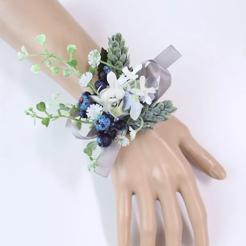 Romantic White Wedding Boutonnieres and Wrist Corsage Silk Rose Hand Flowers Bridesma Wrist Flower Blue Bridal Bouquet Accessory