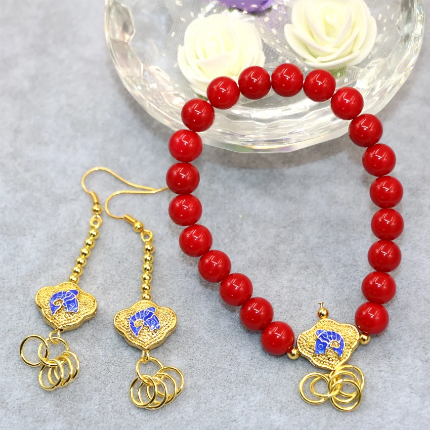 Red artificial coral round beads 8mm strand bracelet earrings for women high quality cloisonne jewelry set 7.5inch B3029