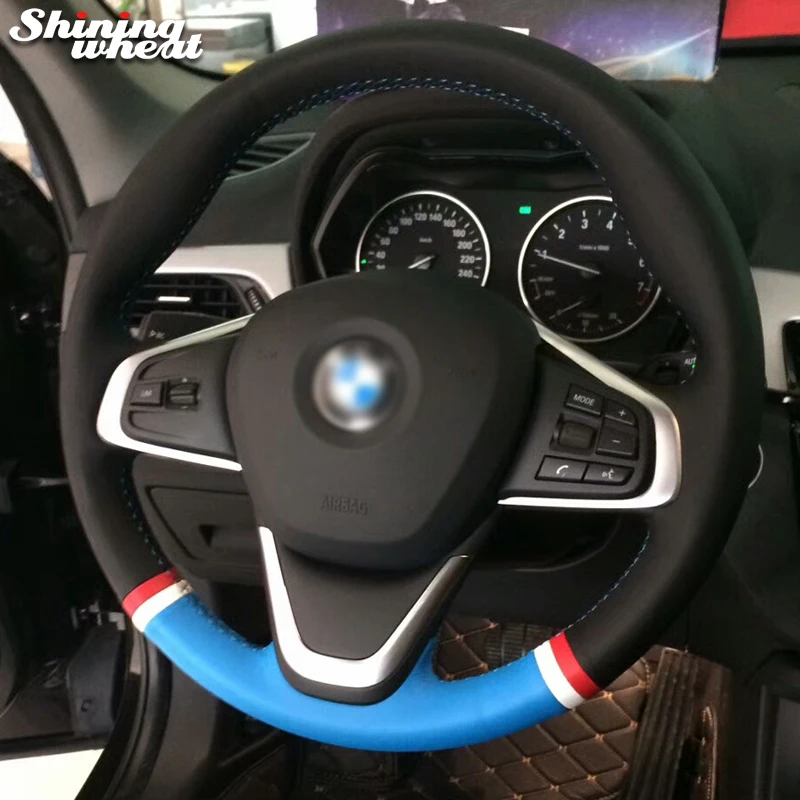 Shining wheat Black Blue Genuine Leather Car Steering Wheel Cover for BMW X1 220i 218i 225xe