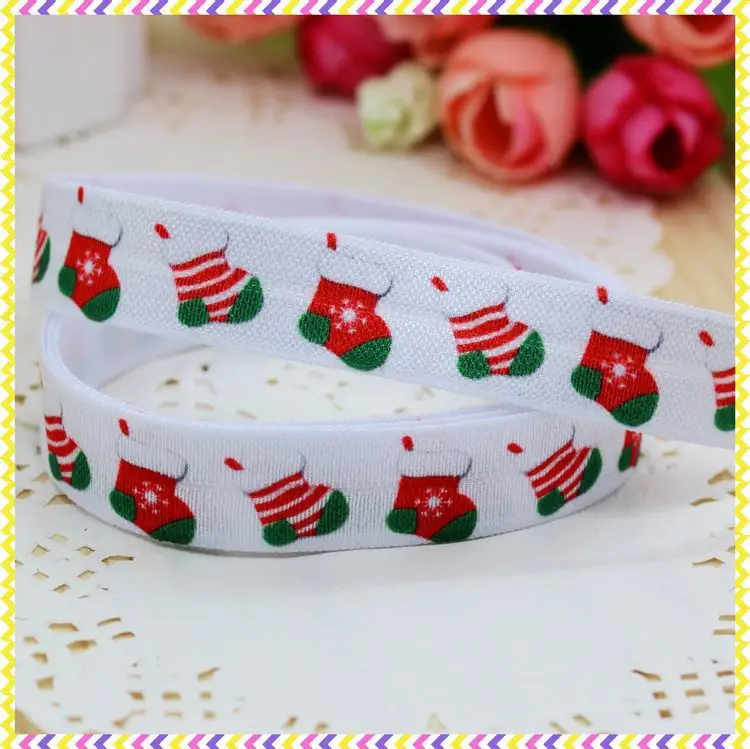 DHK 5/8'' 5yards Fold Over Elastic FOE christmas socks printed headband hair band diy decoration OEM Wholesale C267