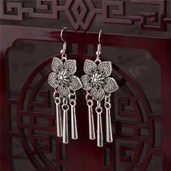 2020 Ethnic Indian Women's Flower Hollow Gypsy Silver Color Drop Earrings Cylindrical Tassel Boho Tribal Jewelry India Jhumki