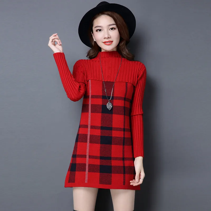 2022 New Women Autumn Winter Dress Turtleneck Long Sleeve Plaid Knitted Sweater Dress Female Loose  Sweaters Pullovers Dress 315