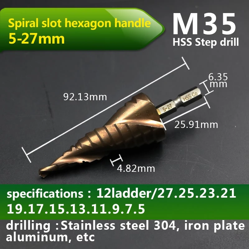 JIGONG HSS-CO M35 Hexagonal Shank Spiral Groove Step Drill Bit Metal Cone Step Drill Bit Stainless Steel Hole Saw Hole Cutter