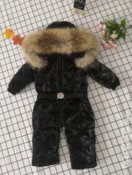 70cm-150cm Real fur hooded baby outergoing 2022 Winter children jumpsuit snow suit girl down boy Baby coveralls ski suit