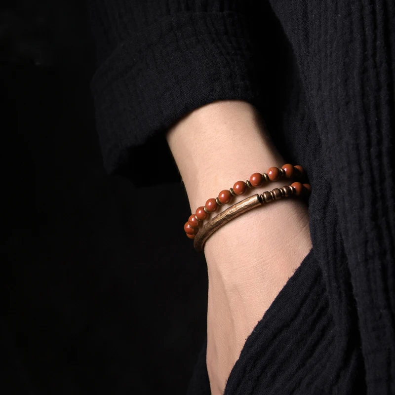 Retro Vintage African Beaded Bracelet Set Red Stone Copper Handcrafted Couple Bracelets for Women Men Boho Ethnic Jewelry Wholes
