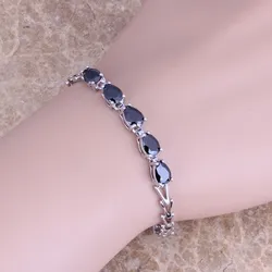 Luxurious Black Cubic Zirconia Silver Plated Link Chain Bracelet 7 inch S0386