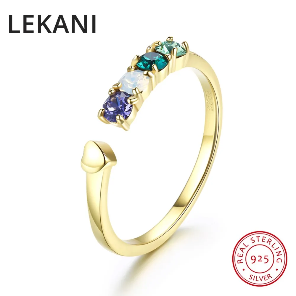 2018 LEKANI Colorful Beads Crystals From Austria Open Rings Resizable Gold Color Real S925 Silver Jewelry For Women Wedding