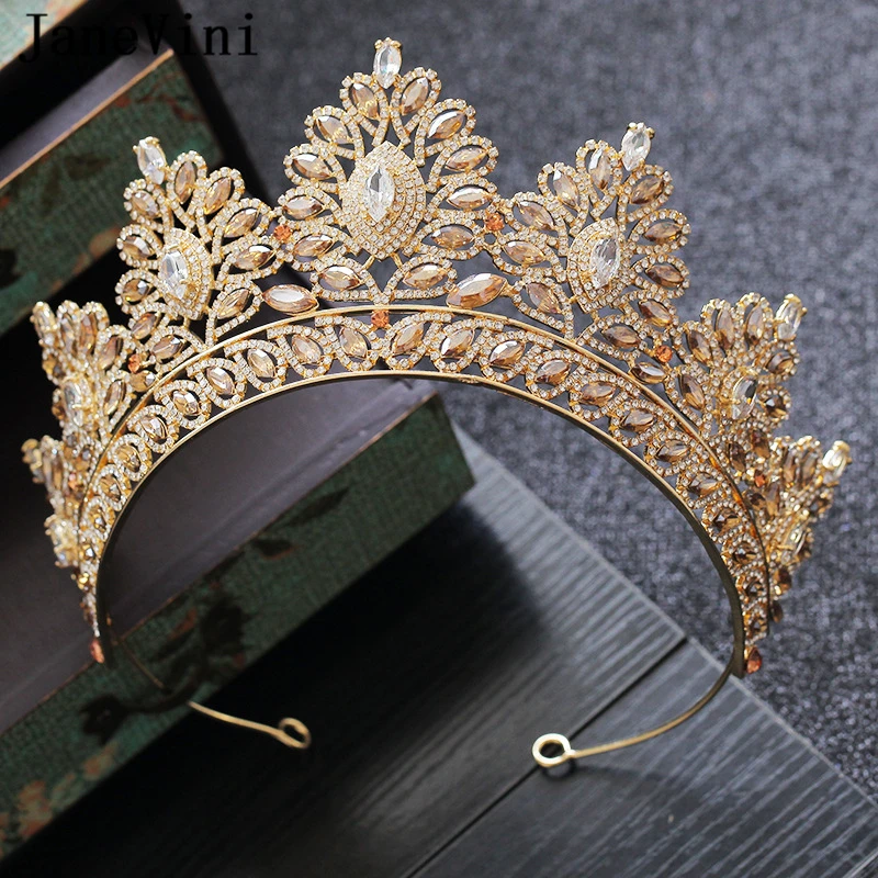 

JaneVini Elegant Gold Crystal Wedding Crowns and Tiaras Headdress Luxury Rhinestone Queen Diadem Bridal Jewelry Hair Accessories