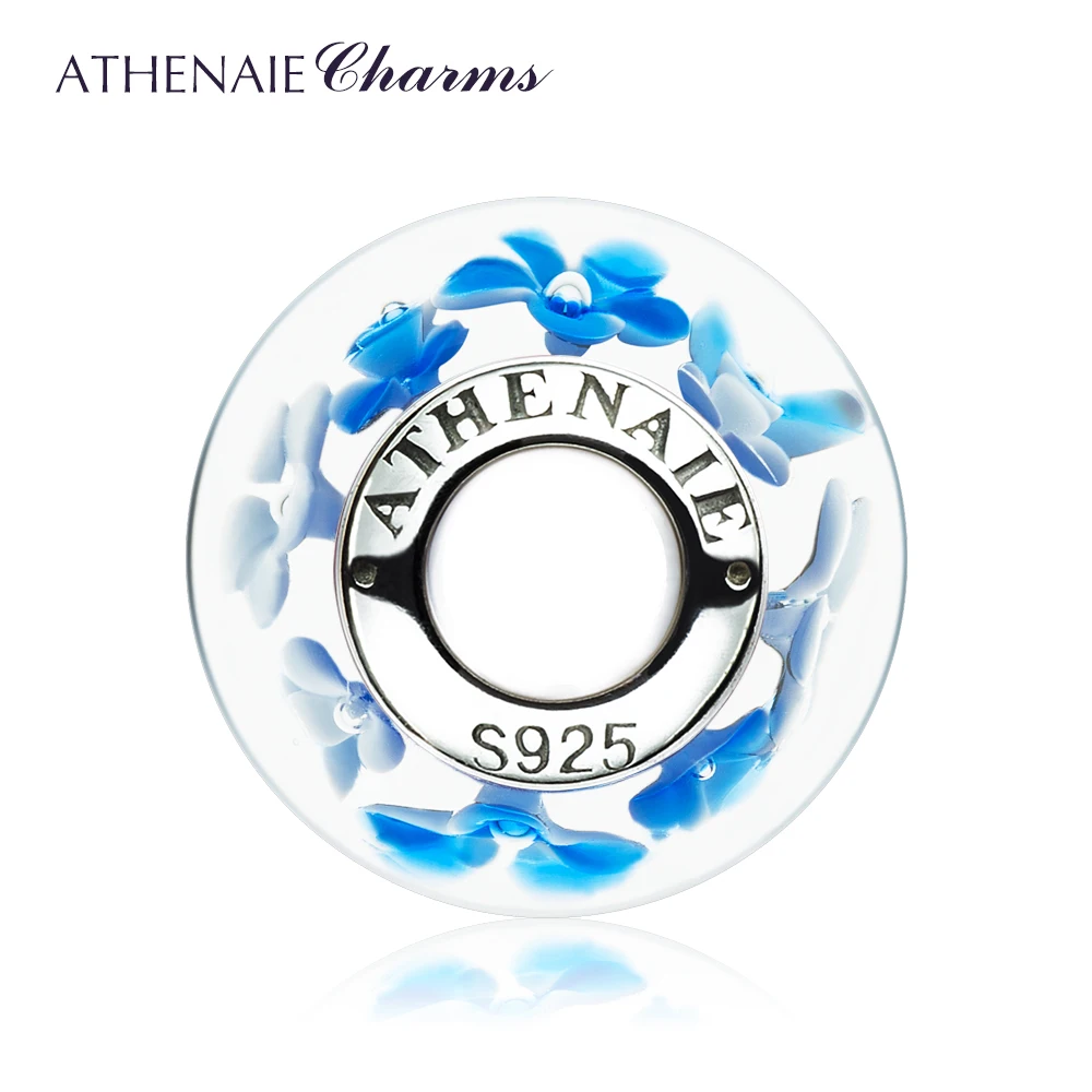 ATHENAIE Blue Flower Charm 925 Silver Core Flower Garden Murano Glass Bead Fit DIY Women Charms Bracelet Necklace for Friendship