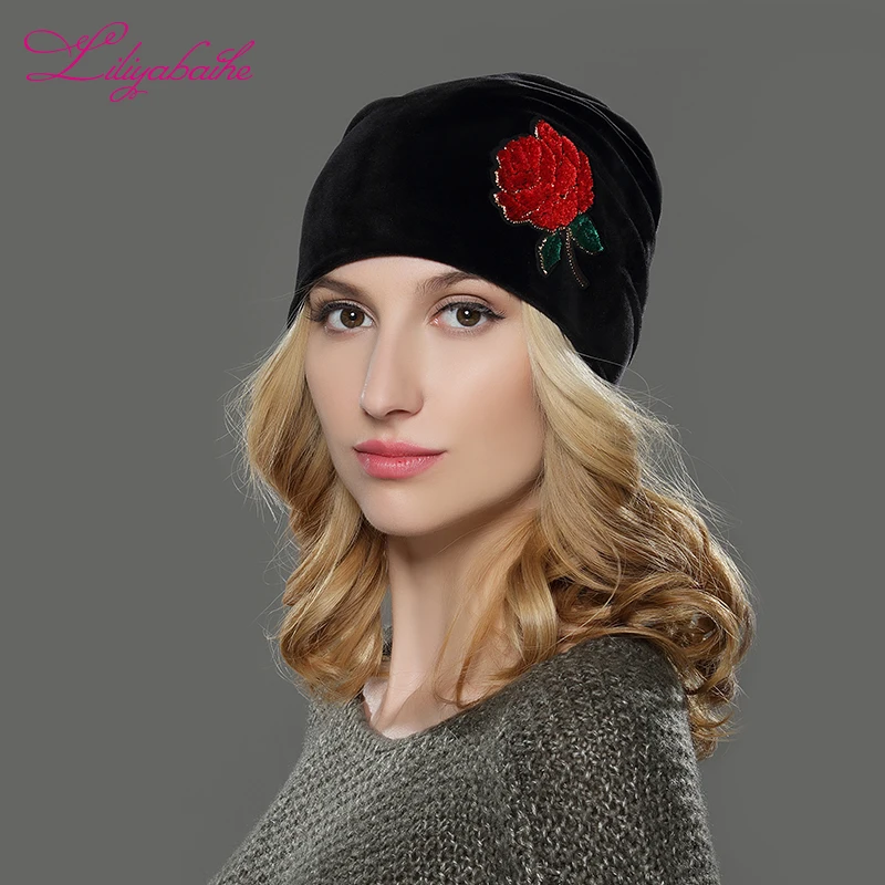 LILIYABAIHE Women Autumn And Winter Hat Ladies  Girls Hats For Women Skullies Beanies Fluff Caps Roses Touca new style Caps