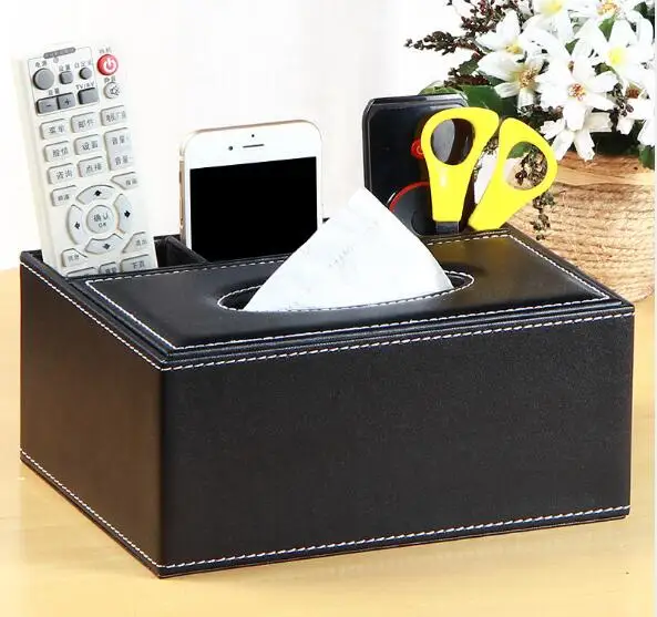 

1PC Tissue Box PU Leather Multifunctional Napkin Phone Remote Control Holder Storage Box Desk organizer Container OK 0747