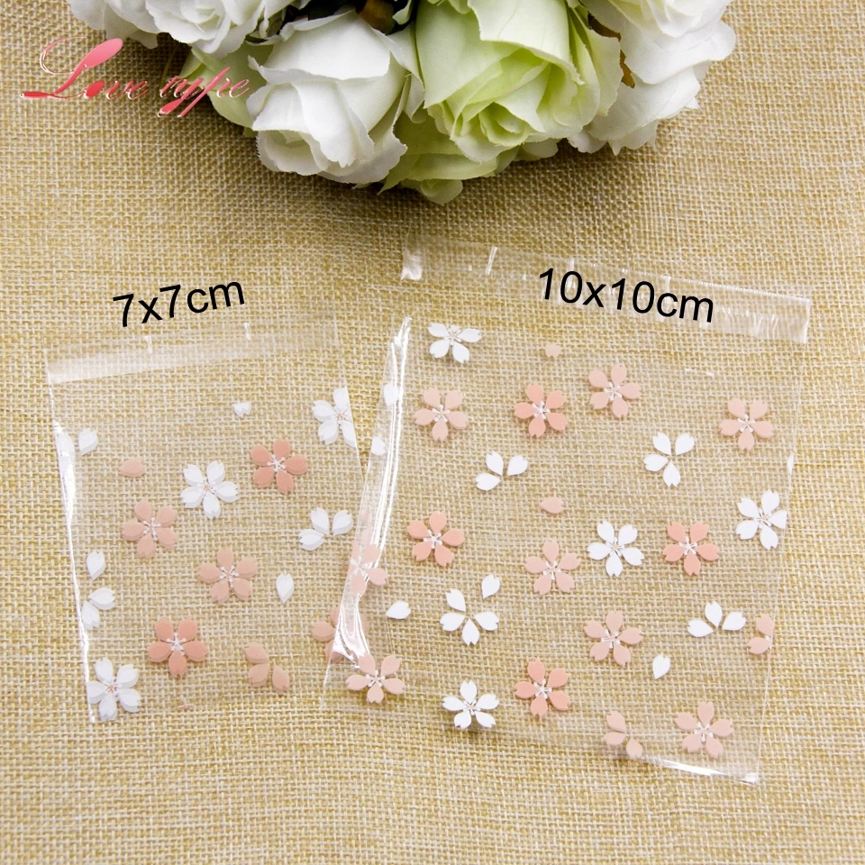 100PCS Cherry Blossoms Candy &Cookie Plastic Bags Self-Adhesive For DIY Biscuits Snack Baking Package Decor Kids Gift Supplies