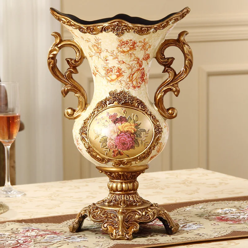 European-style new resin binaural vase home hand-painted Vintage carving antique countertop vase decorative ornaments