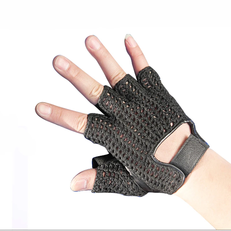 Gants en cuir véritable pour hommes, demi-doigt, peau de mouton, à la mode, tricoté, respirant, pour conduite, TB06