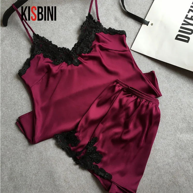 KISBINI Summer Imitation Silk Women Pajamas Sets Sexy Sleepwear Lace Tank Top+Shorts Pyjamas For Female Homewear Plus Size XXXL